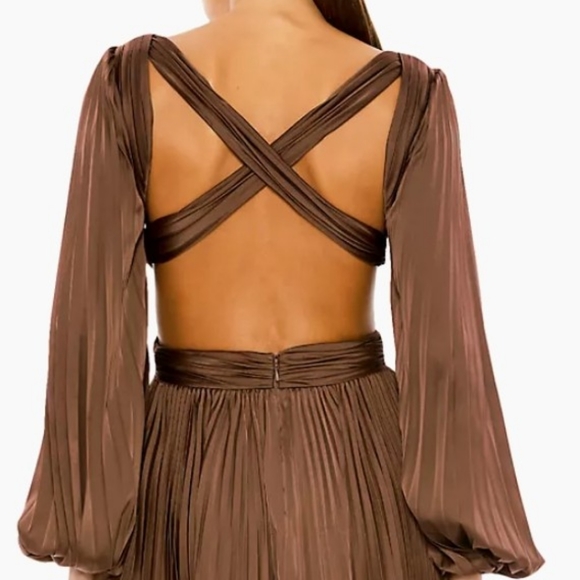 Ieena forMac Duggal Long Sleeve Pleated Cut Out Satin V-Neck Gown - Picture 5 of 5